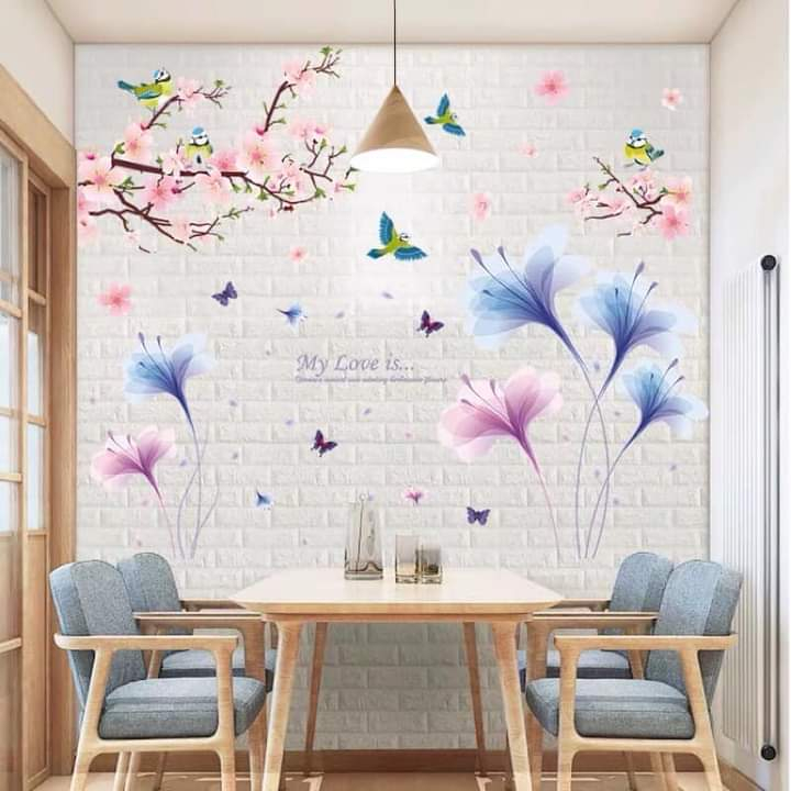 DECAL DÁN TƯỜNG HOA XANH TÍM VÀ CÀNH ĐÀO HỒNG