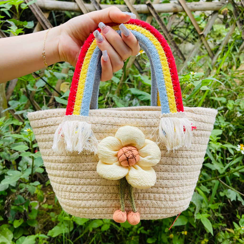 Túi xách đan sợi túi đi biển đan thủ công chất liệu cotton đính hoa cute cohodo T13