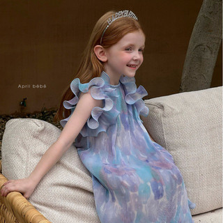 April bébé - Otaly Váy bé gái mùa hè chất voan phối bèo ren, Đầm Công Chúa màu xanh tím tiểu thư