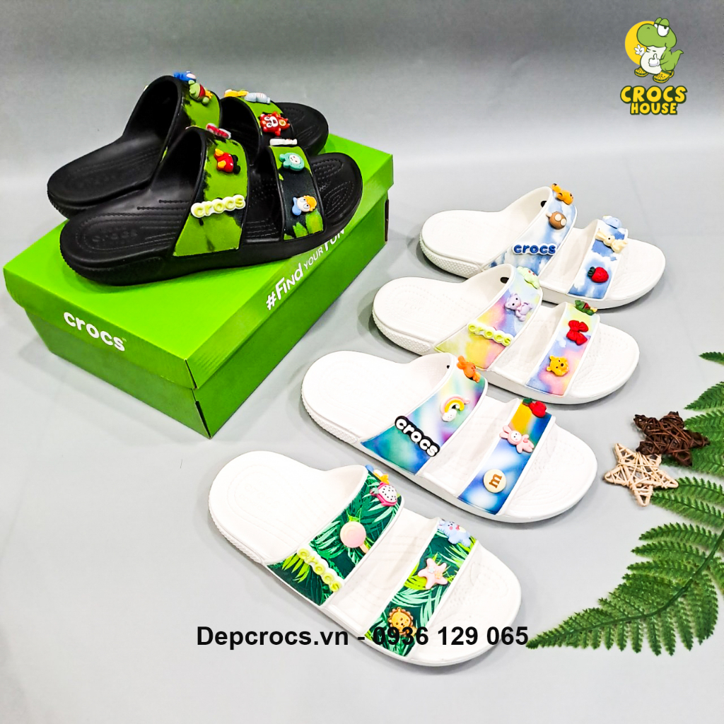 (Bảng màu 3) Dép hai quai ngang classic hoạ tiết unisex lỗ nhiều màu hiện đại tặng kèm jibbitz 2D - Nhà Cá Sấu