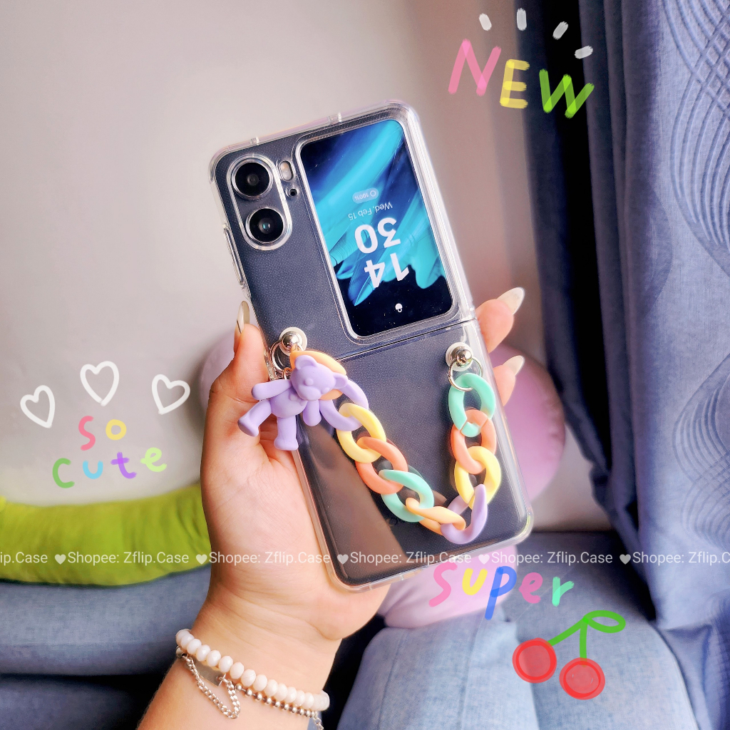 Ốp Lưng Trong OPPO Find N2 Flip Có Dây Màu Pastel Charm Gấu Xinh Xắn