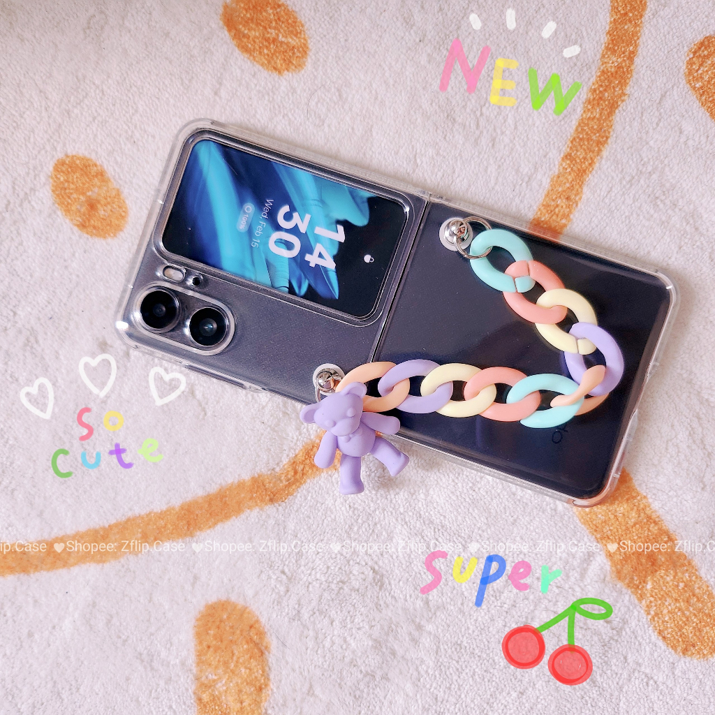 Ốp Lưng Trong OPPO Find N2 Flip Có Dây Màu Pastel Charm Gấu Xinh Xắn