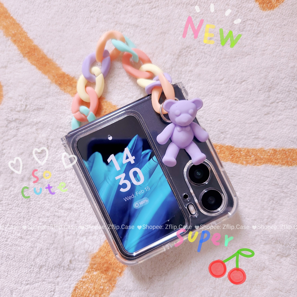 Ốp Lưng Trong OPPO Find N2 Flip Có Dây Màu Pastel Charm Gấu Xinh Xắn