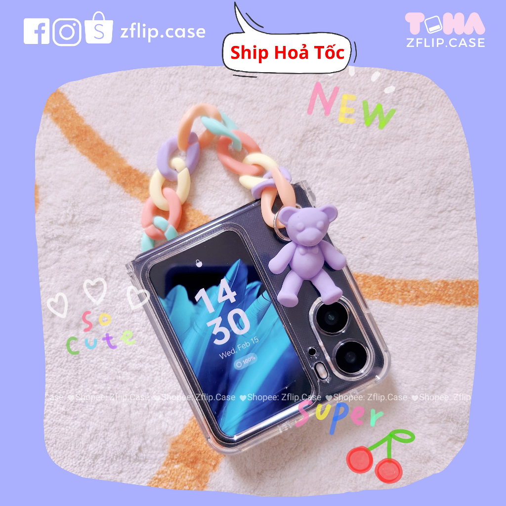 Ốp Lưng Trong OPPO Find N2 Flip Có Dây Màu Pastel Charm Gấu Xinh Xắn