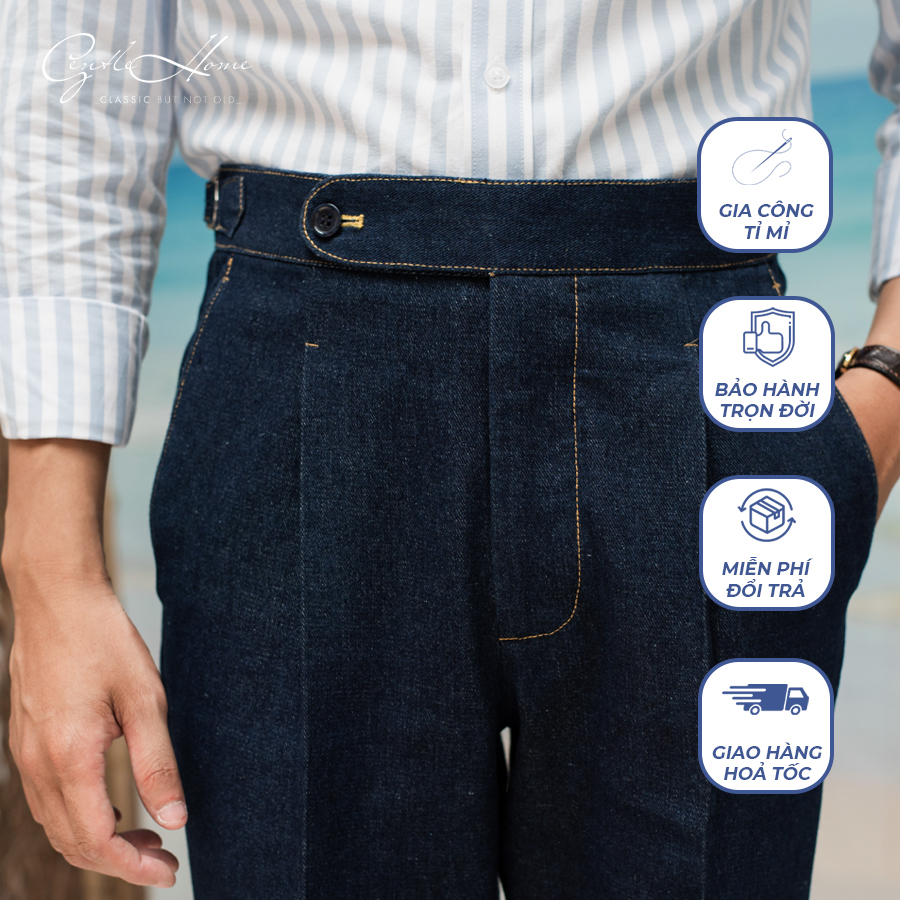Quần âu nam sidetab vải bò denim xanh cạp cao 1 cúc chất liệu dày dặn, đứng dáng, giữ ly tốt Gentle Home