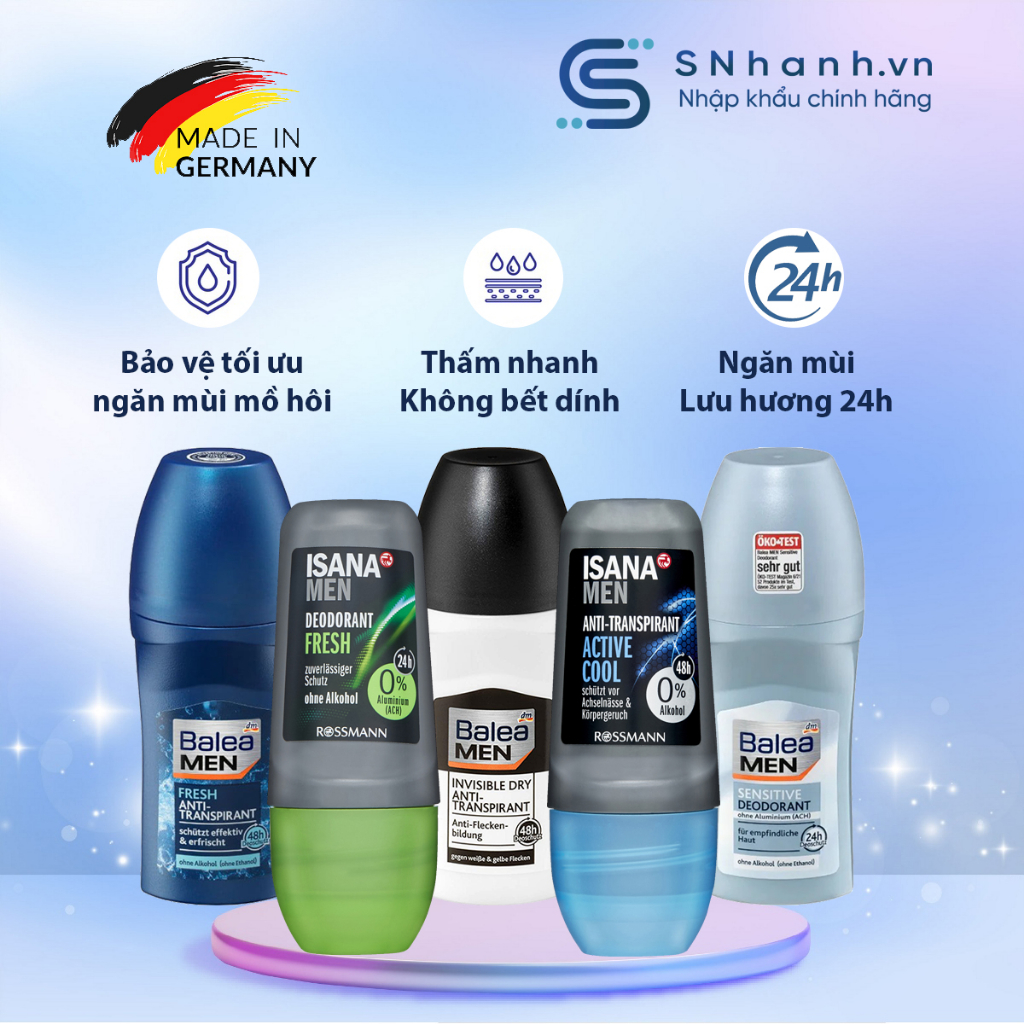 Lăn khử mùi BALEA ISANA MEN Đức kháng khuẩn 50ml, lăn nách khử mùi mồ hôi suốt 24h dành cho nam