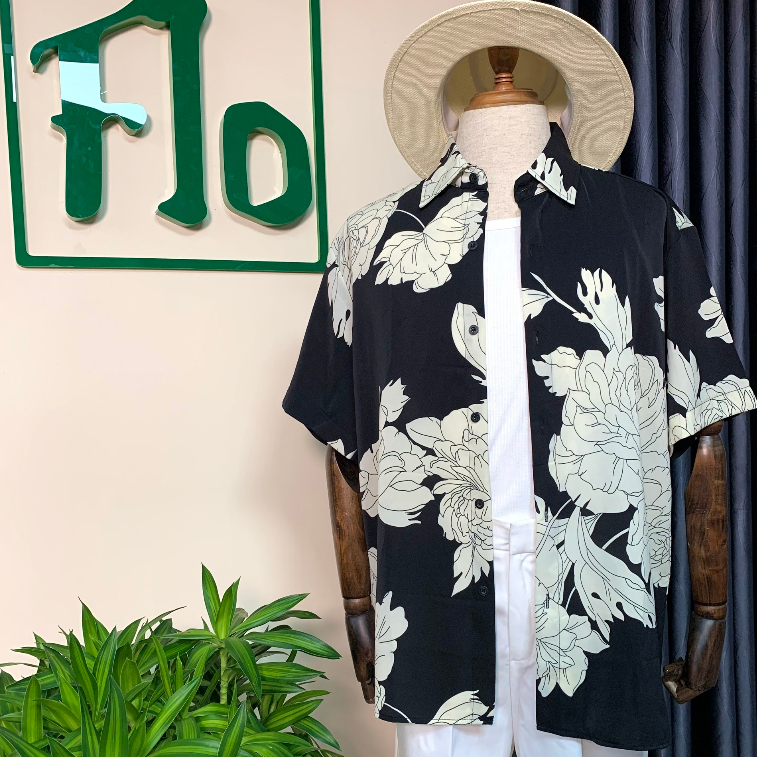 Áo sơmi Contrastive Flora phối hoa trắng kem lụa Mango không nhăn