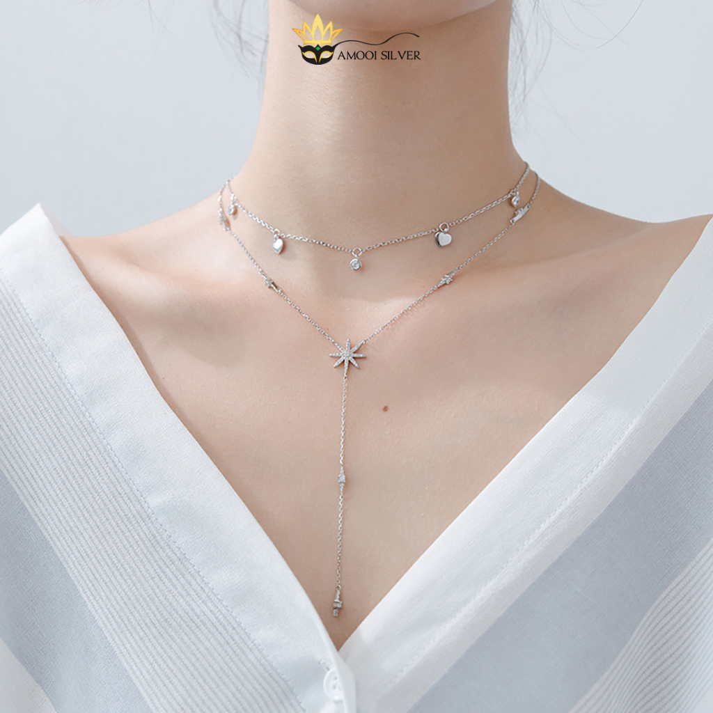 Dây Chuyền Bạc S925 Choker Ngôi Sao Dây Dài Đá Rơi - AMOOI SILVER - AD196