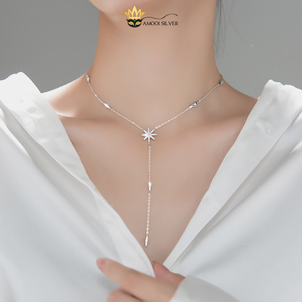 Dây Chuyền Bạc S925 Choker Ngôi Sao Dây Dài Đá Rơi - AMOOI SILVER - AD196