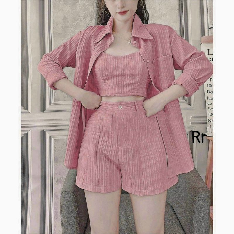 *Sét bộ 3 món mặc đi chơi chất liệu xô gân áo cổ sơmi tay dài kèm yếm 2 dây sọc quần đùi dễ thương