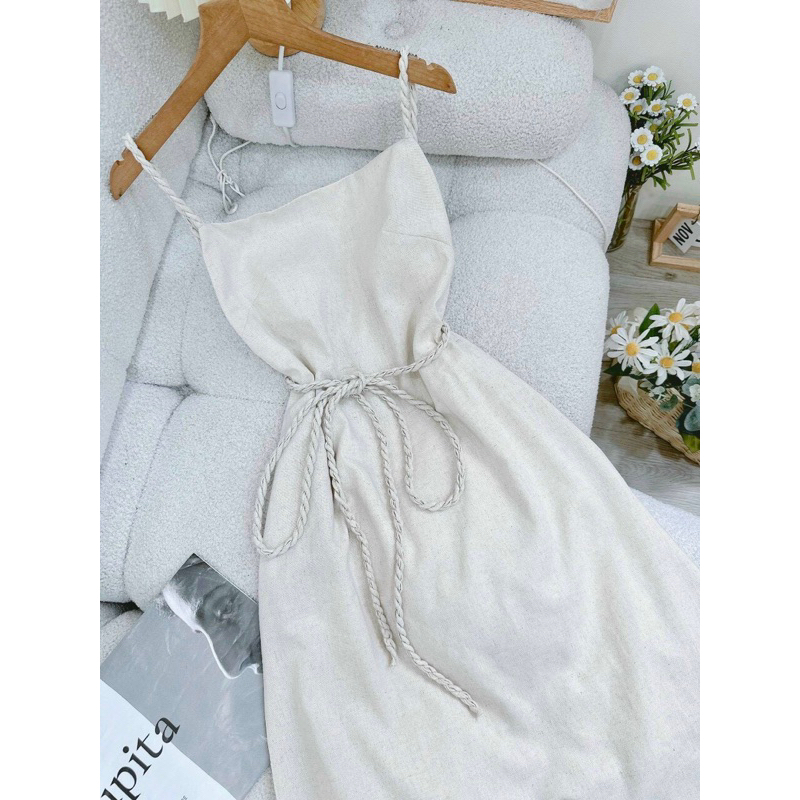 Florence - Đầm midi linen hai dây tết hở lưng kèm dây tết cột eo