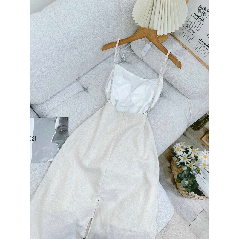 Florence - Đầm midi linen hai dây tết hở lưng kèm dây tết cột eo