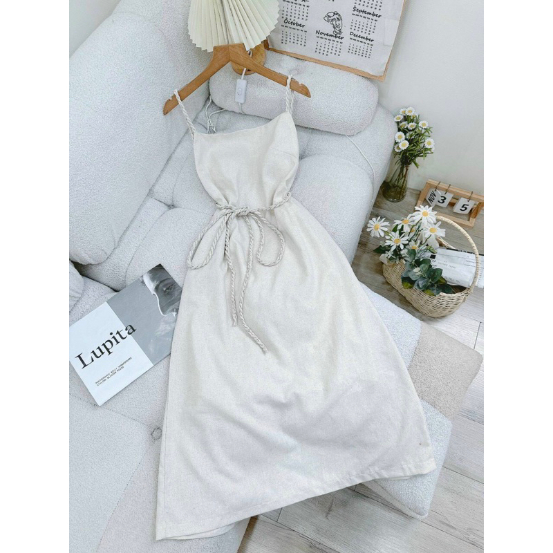 Florence - Đầm midi linen hai dây tết hở lưng kèm dây tết cột eo