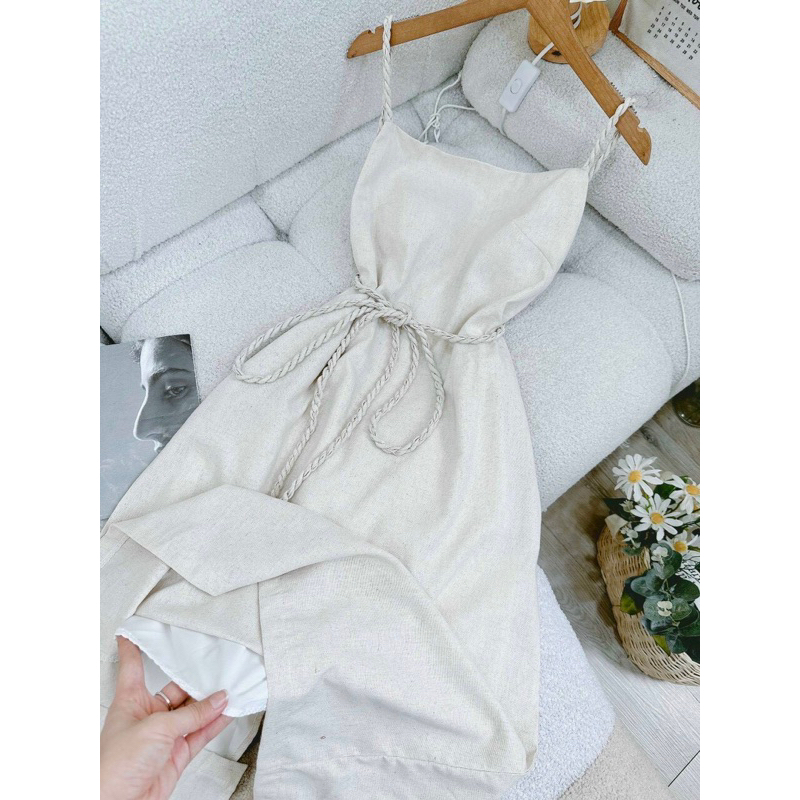 Florence - Đầm midi linen hai dây tết hở lưng kèm dây tết cột eo