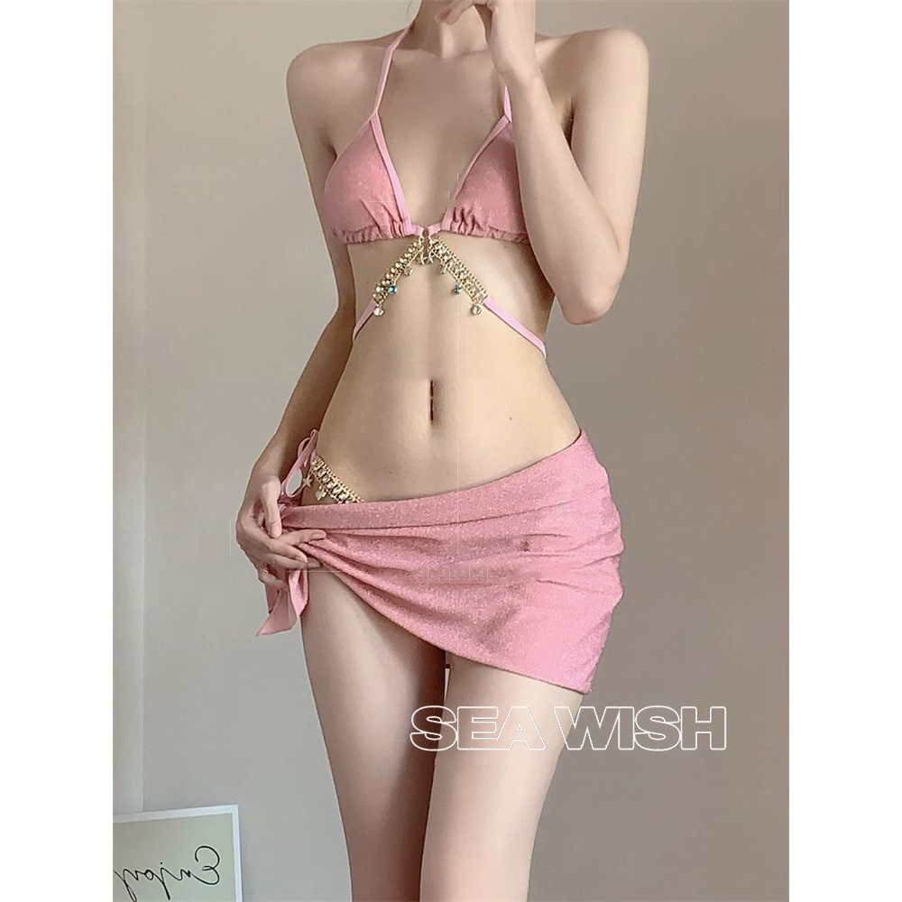 Set bikini đi biển 3 mảnh  màu hồng cam hot trend công chúa