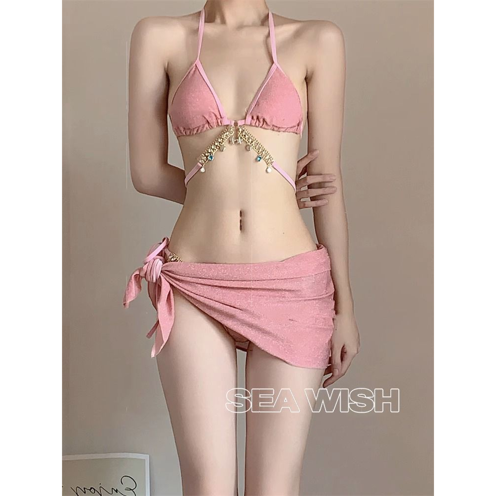 Set bikini đi biển 3 mảnh  màu hồng cam hot trend công chúa