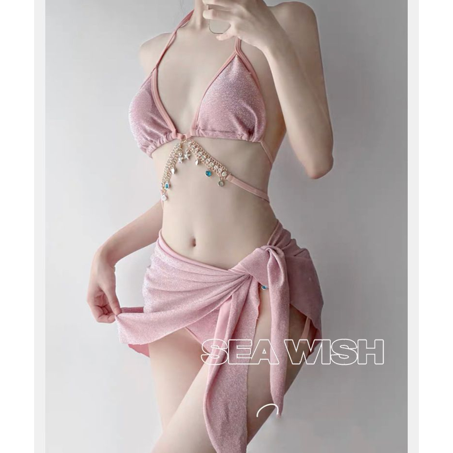 Set bikini đi biển 3 mảnh  màu hồng cam hot trend công chúa