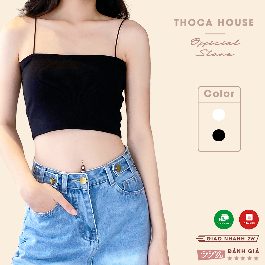 Áo hai dây croptop trơn màu trắng, đen basic THOCA HOUSE thun cotton dây bản nhỏ, phối đồ cực chất