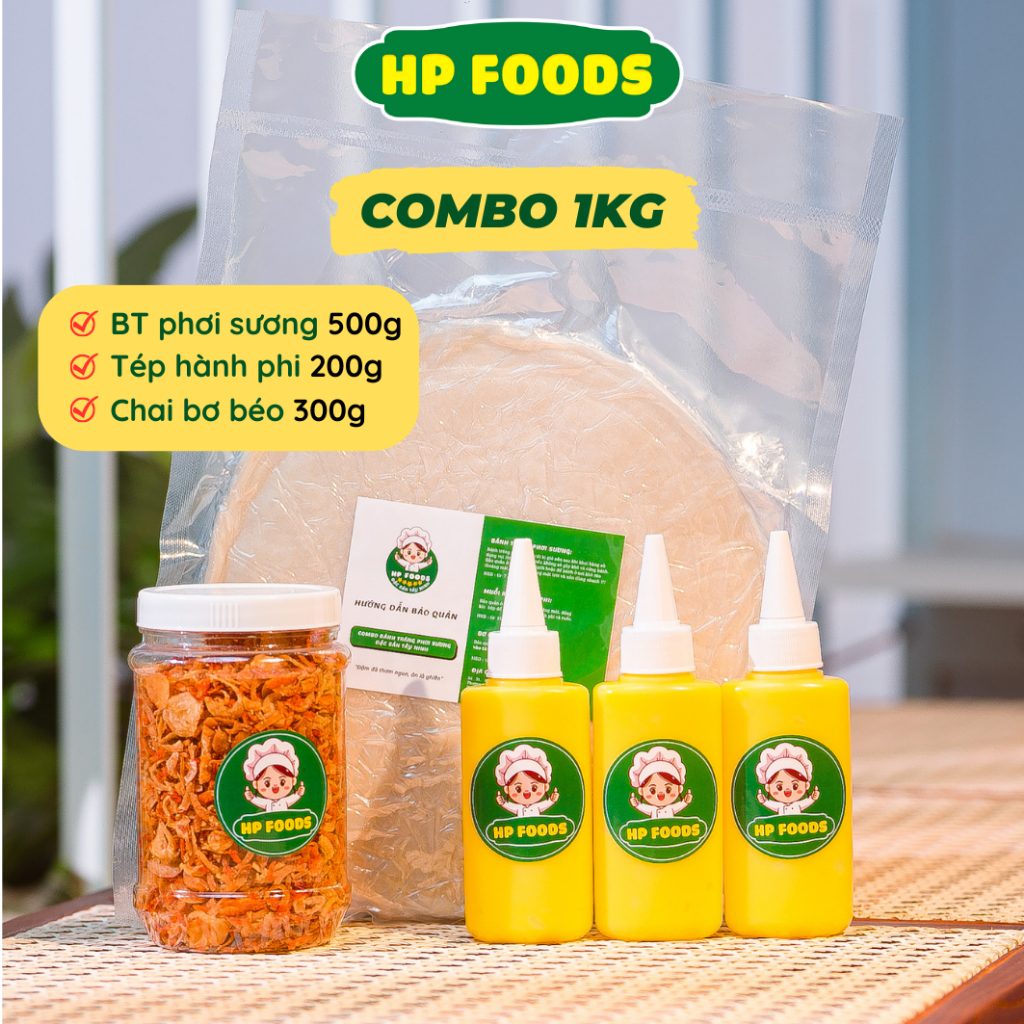 COMBO Bánh tráng phơi sương Tóp mỡ, 500gr bánh tráng phơi sương, 400gr Muối tép hành phi - 300gr Bơ béo - 150gr Sốt tắc