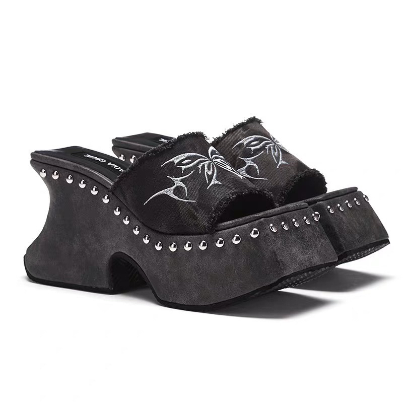 (SẴN ĐEN XÁM 39) GIÀY SANDAL D54 NỮ MÙA HÈ ĐẾ CAO 10CM BARBIE CỔ ĐIỂN CAO GÓT THÊU