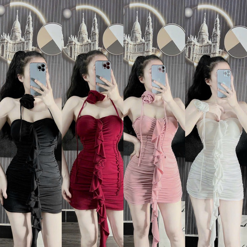 Đầm Body Dẻo Dày Tua Bèo Nhún Thân Giữa Sườn + Hoa Đeo Cổ