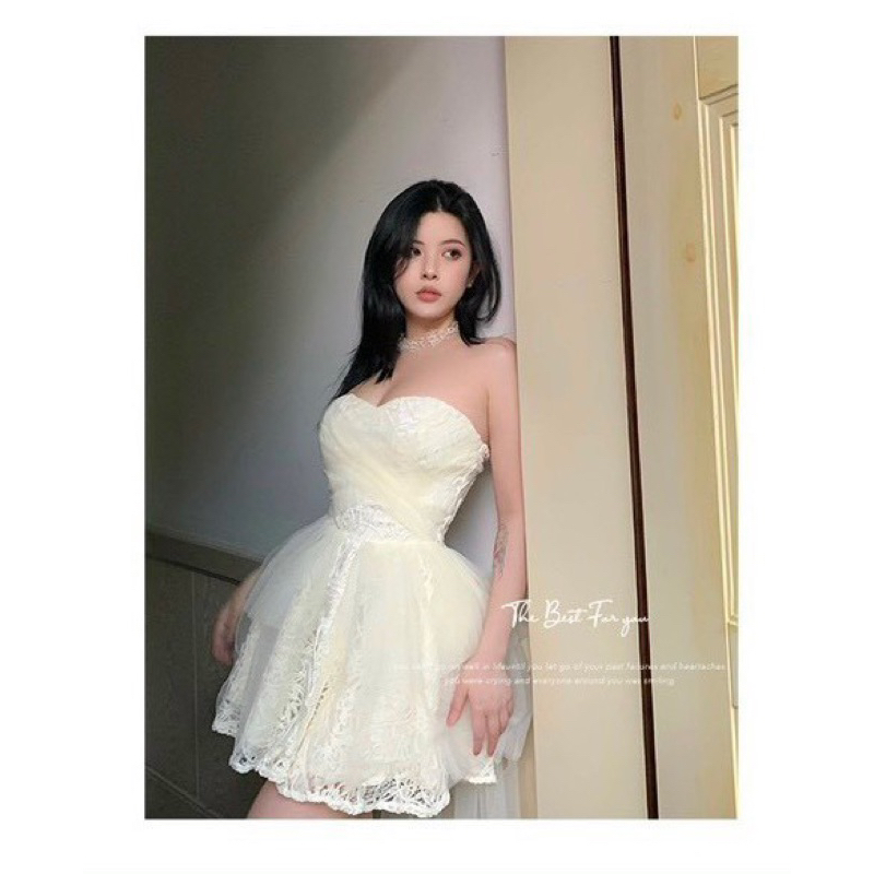 Đầm xoè ren cúp ngực phối lưới - Free size
