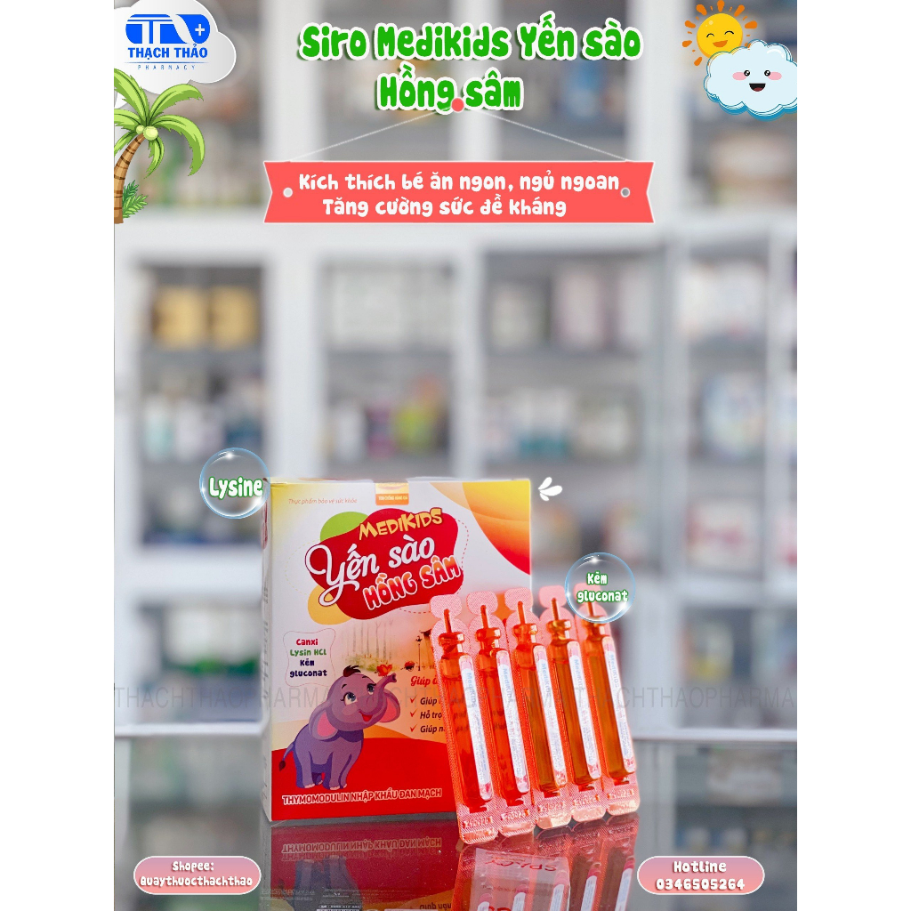 SIRO YẾN SÀO HỒNG SÂM GIÚP KÍCH THÍCH ĂN NGON, NGỦ NGON CHO BÉ MEDIKIDS- HỘP 20 ỐNG