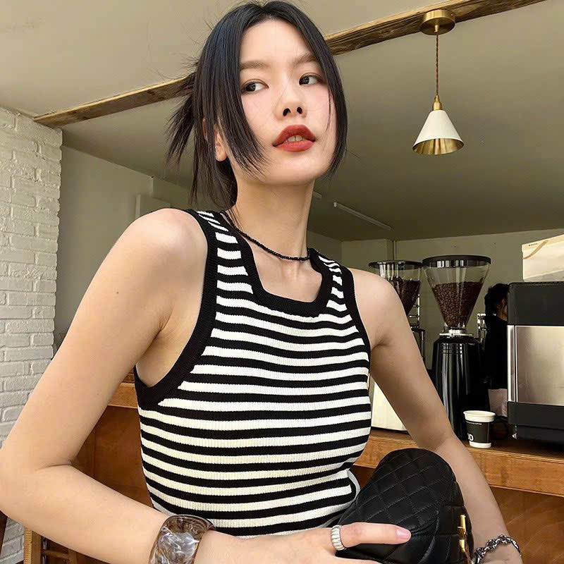áo ba lỗ form dài sọc ngang có may viên xinh xắn