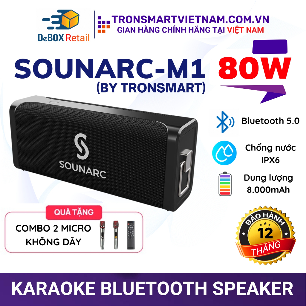 Loa Karaoke Bluetooth Sounarc M1 (By Tronsmart) Công suất 80W, Chống Nước IPX6, Kèm 2 Micro Không Dây, Led - Chính Hãng