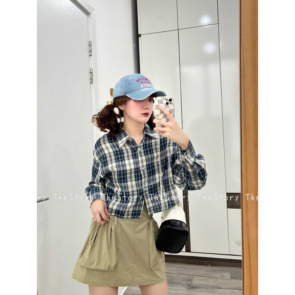 Áo sơ mi caro tay dài dáng croptop  A2843
