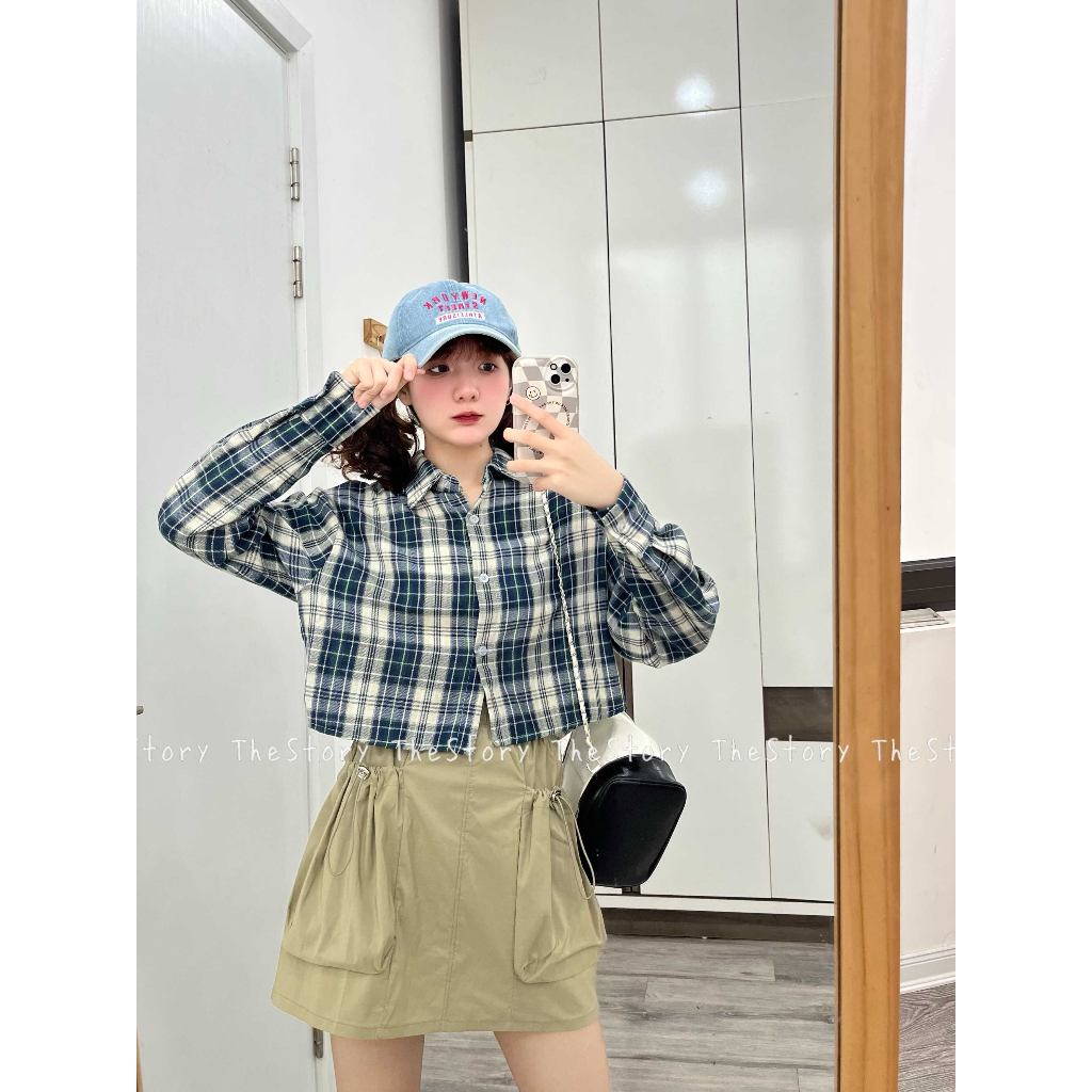 Áo sơ mi caro tay dài dáng croptop  A2843