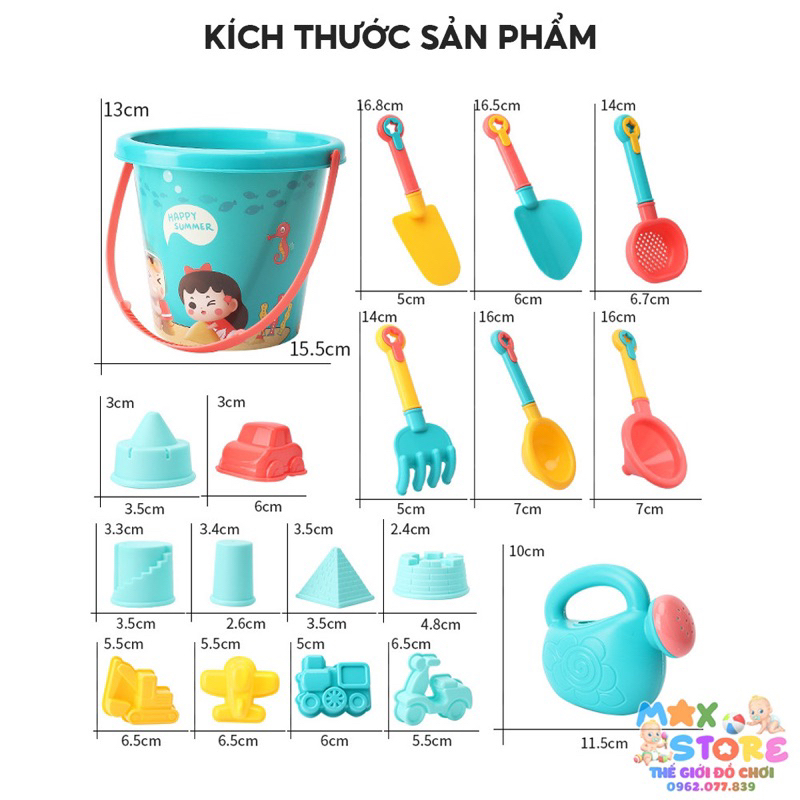 Đồ Chơi Xô Xúc Cát Bằng Nhựa 18 Chi Tiết Cho Bé Đi Chơi Biển, Chơi Nhà Tắm, Xúc Hạt Muồng