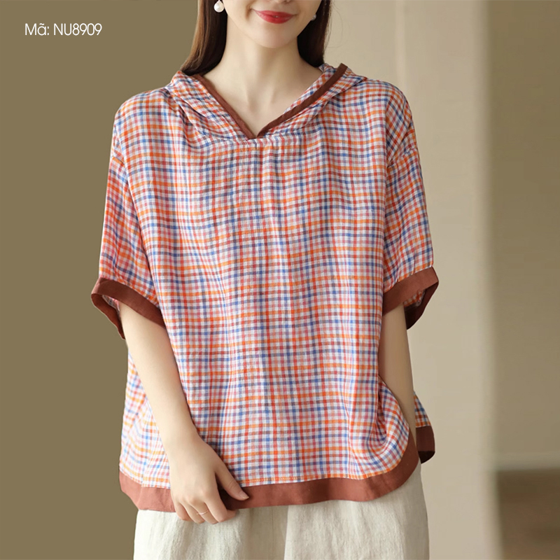 Áo hoodies KAMAKA linen ngắn tay kẻ caro - NU8908
