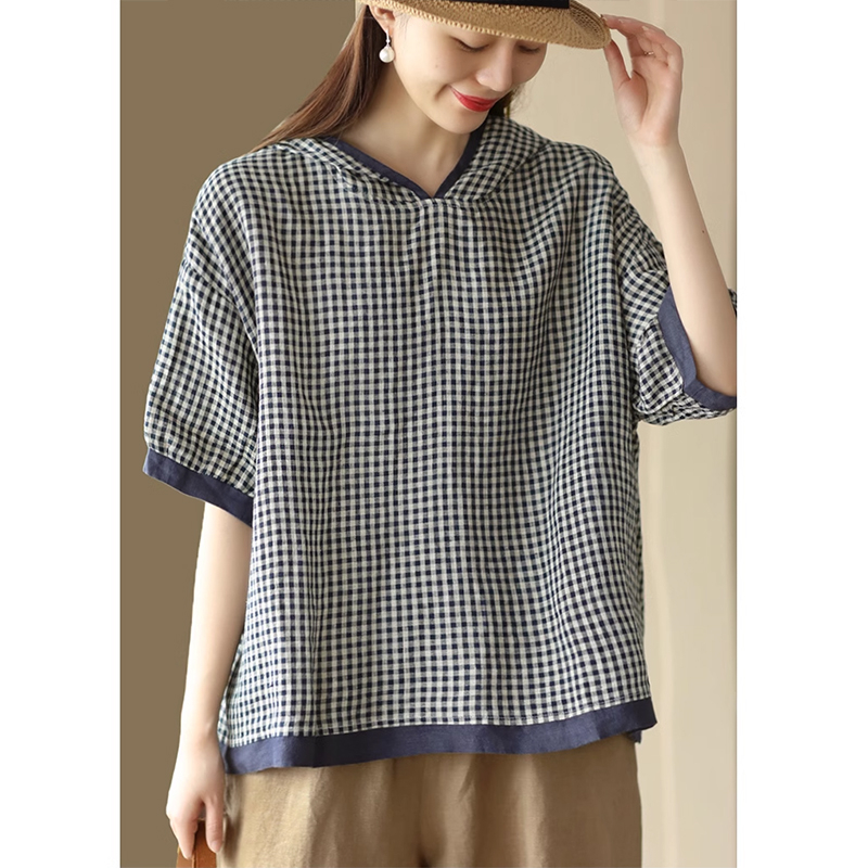 Áo hoodies KAMAKA linen ngắn tay kẻ caro - NU8908