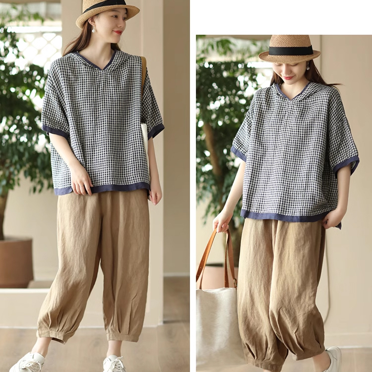 Áo hoodies KAMAKA linen ngắn tay kẻ caro - NU8908