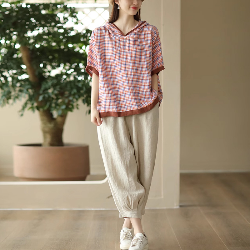 Áo hoodies KAMAKA linen ngắn tay kẻ caro - NU8908