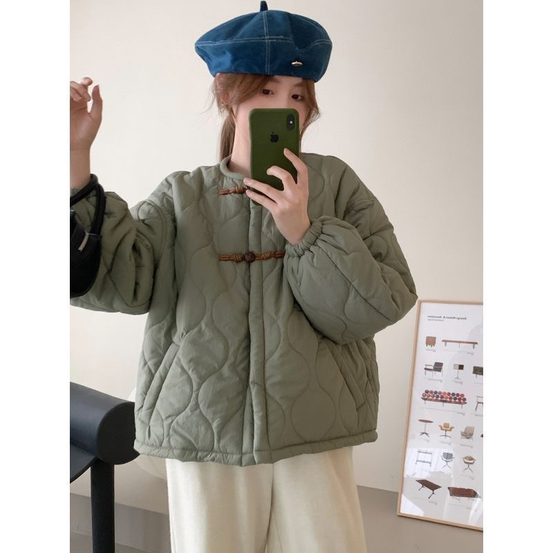 Áo phao trần ba màu nâu be xanh cổ tròn nhẹ phong cách Hàn Quốc