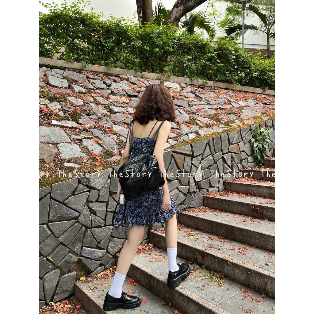 Đầm hai dây hoa nhí, xanh đen  D1138