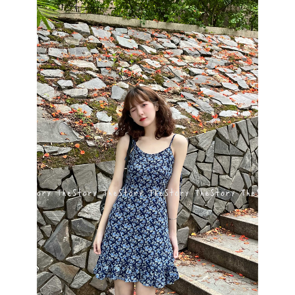 Đầm hai dây hoa nhí, xanh đen  D1138