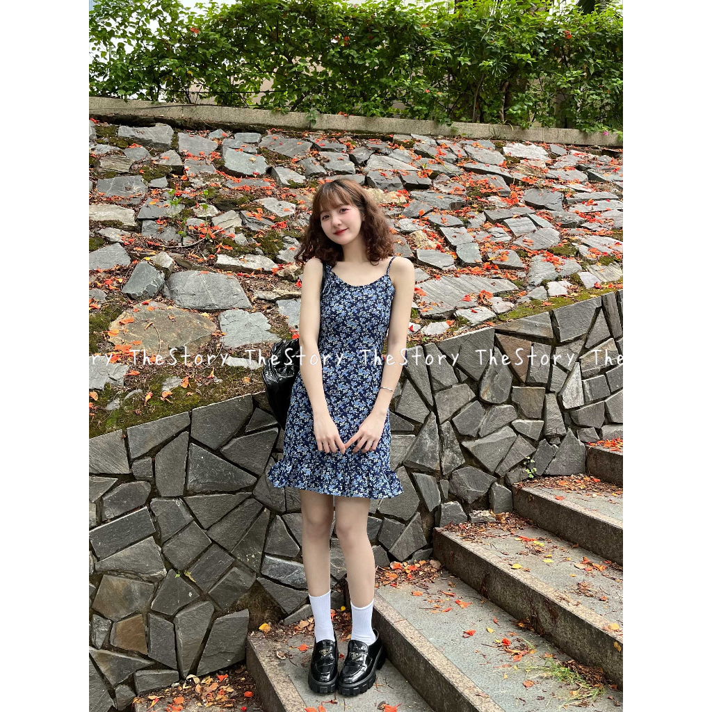 Đầm hai dây hoa nhí, xanh đen  D1138