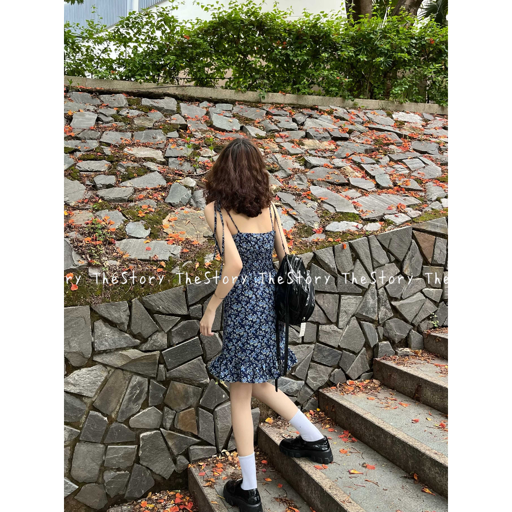 Đầm hai dây hoa nhí, xanh đen  D1138