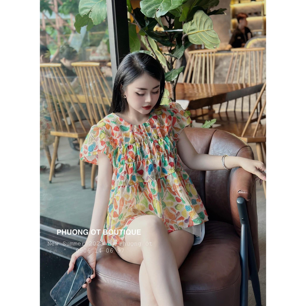 Áo Babydoll Hoa Cam Cánh Tiên Áo Tiểu Thư Thô Đũi Xếp Chun Xòe Freesize