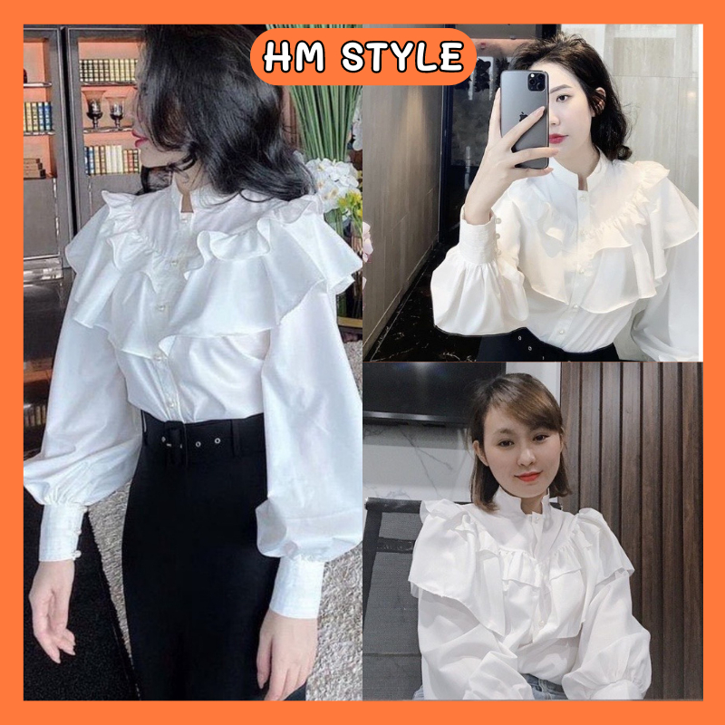 Áo Sơ Mi HM Style áo kiểu nữ Nút Ngọc Bèo Tầng Cổ Trụ