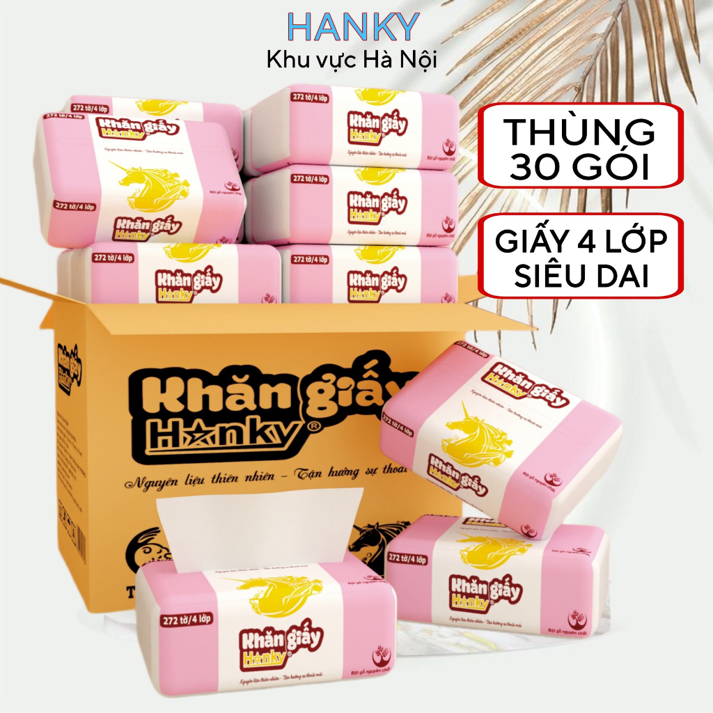 Giấy ăn rút Hanky,thùng 30 gói giấy ăn dạng rút,loại 300 tờ/4 lớp,mềm mại an toàn cho da.