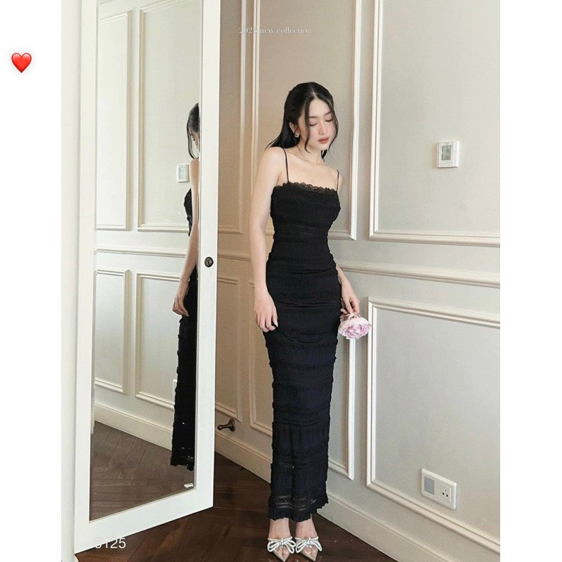 Đầm body dáng dài 2 dây xốp viền ren