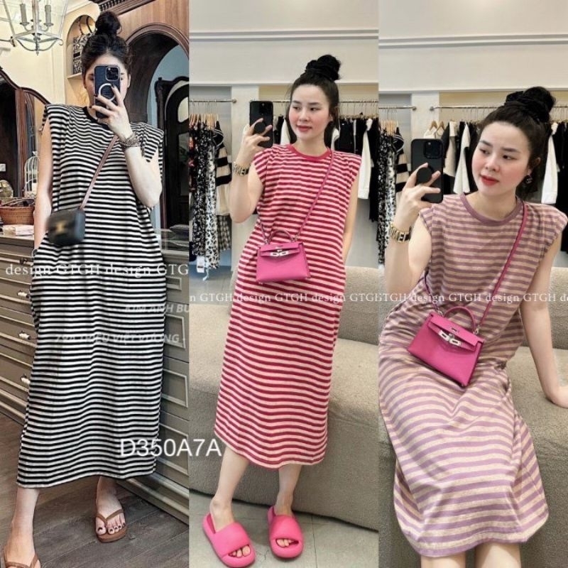 Váy Phông Kẻ Tay Hến ,Đầm Ba Lỗ Kẻ Ngang Cổ Tròn Form Rộng Dáng Dài ,Váy Bầu Thiết Kế Mùa Hè -BEBEDOLL