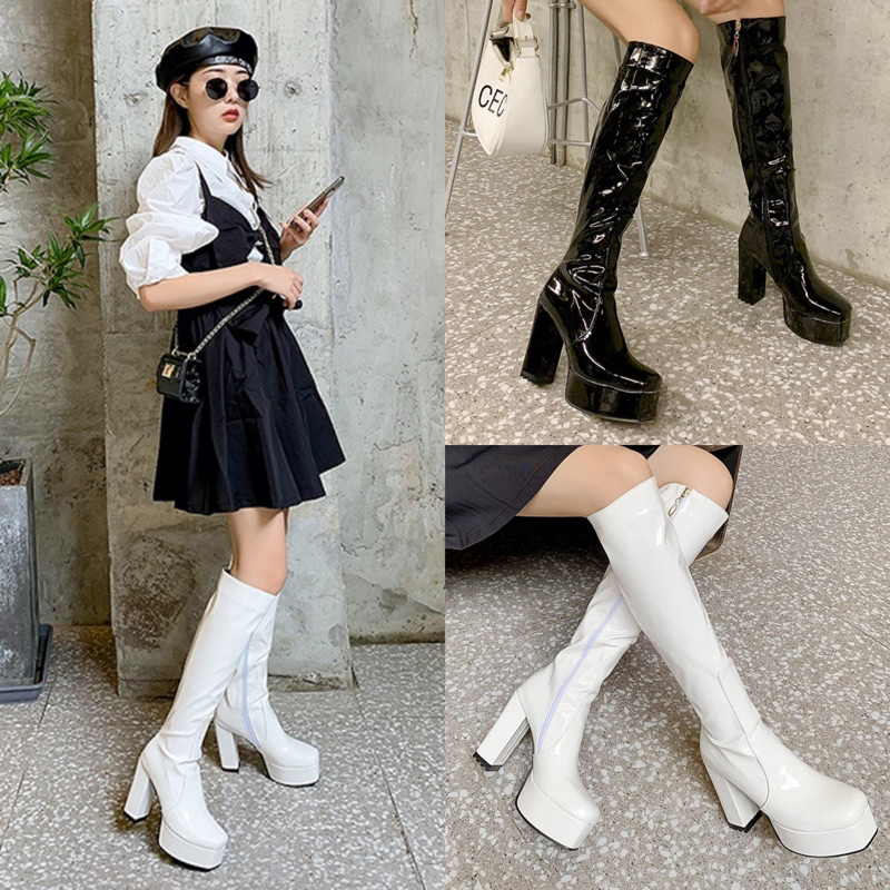Giày bốt cổ cao ngang gối DA BÓNG MŨI VUÔNG hiện đại, gót 12cm BNCC10