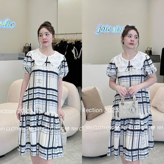Váy xuông kẻ đuôi cá cổ bèo tiểu thư