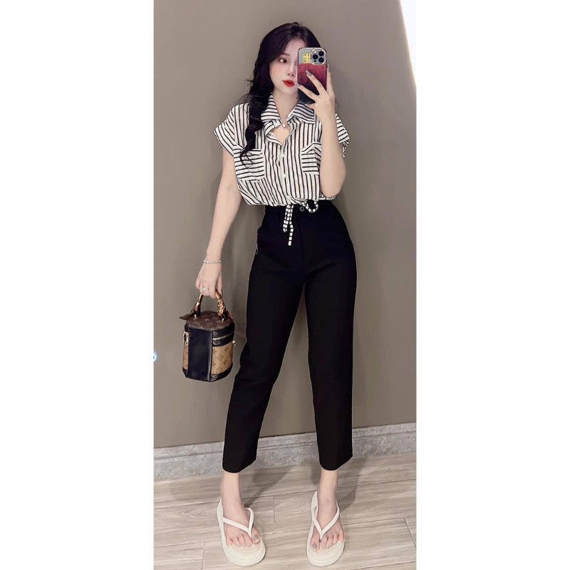 Áo sơ mi kẻ croptop công sở rút eo đệm cầu vai cá tính năng động
