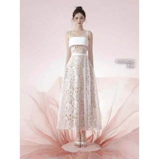 Đầm maxi ren hoa kiểu 2 dây đôi dáng xòe có lót cột dây eo hàng chuẩn!